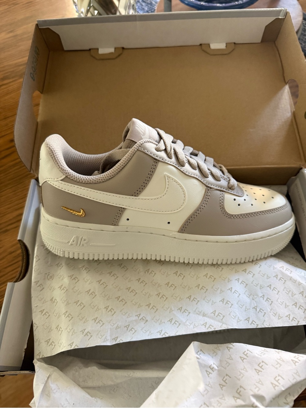 Nike Women’s Air Force 1 Low — Taupe, Cream & Gold Swoosh